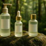 Drei Kosmetikflaschen mit individuellen Etiketten auf einem Stein in natürlicher Waldumgebung