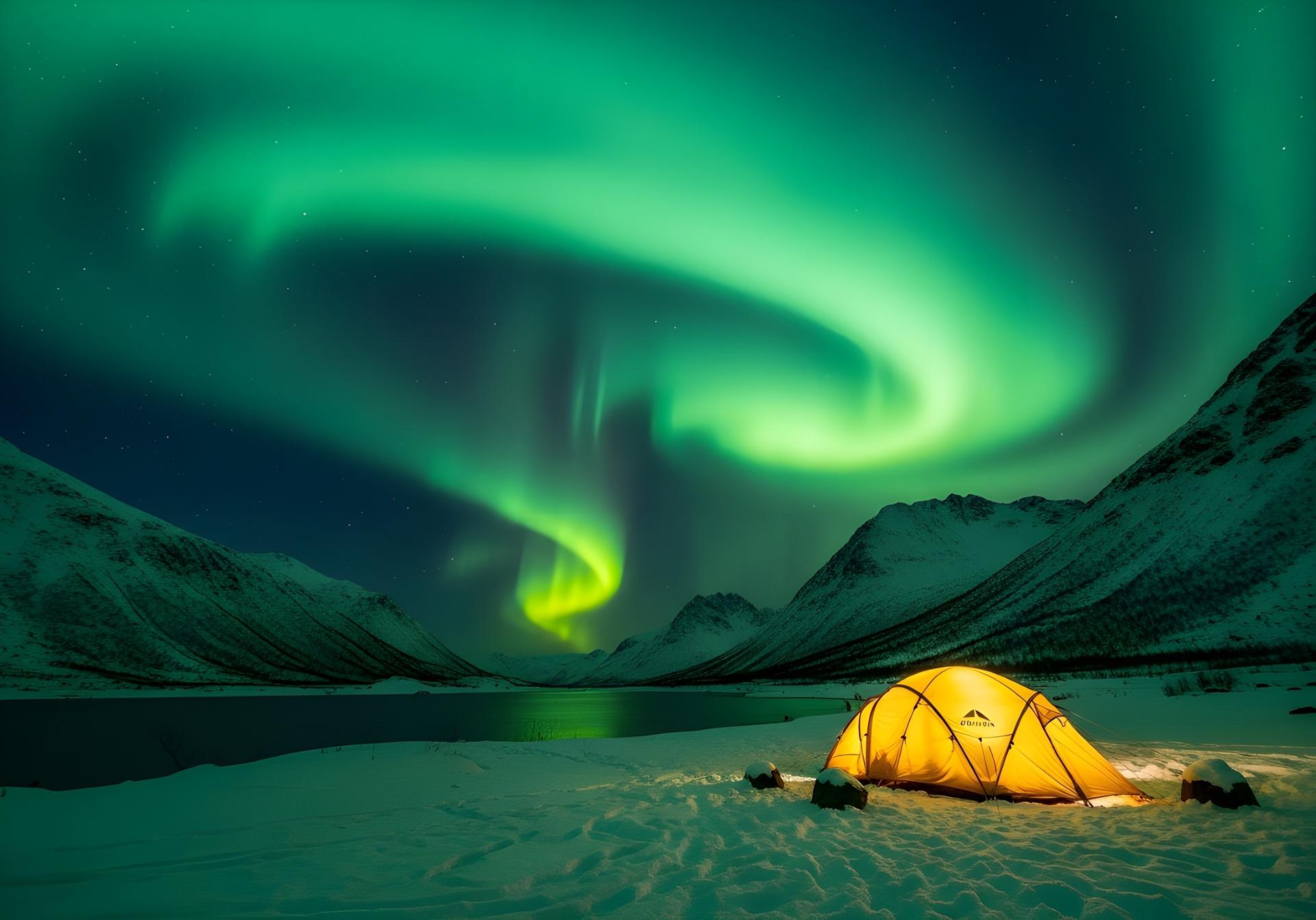 Zelt im Schnee unter Polarlicht in kalter Nacht | Petroleum Heizung Camping